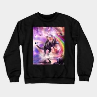 Rainbow Laser Space Cat On Dinosaur Eating Pizza Crewneck Sweatshirt